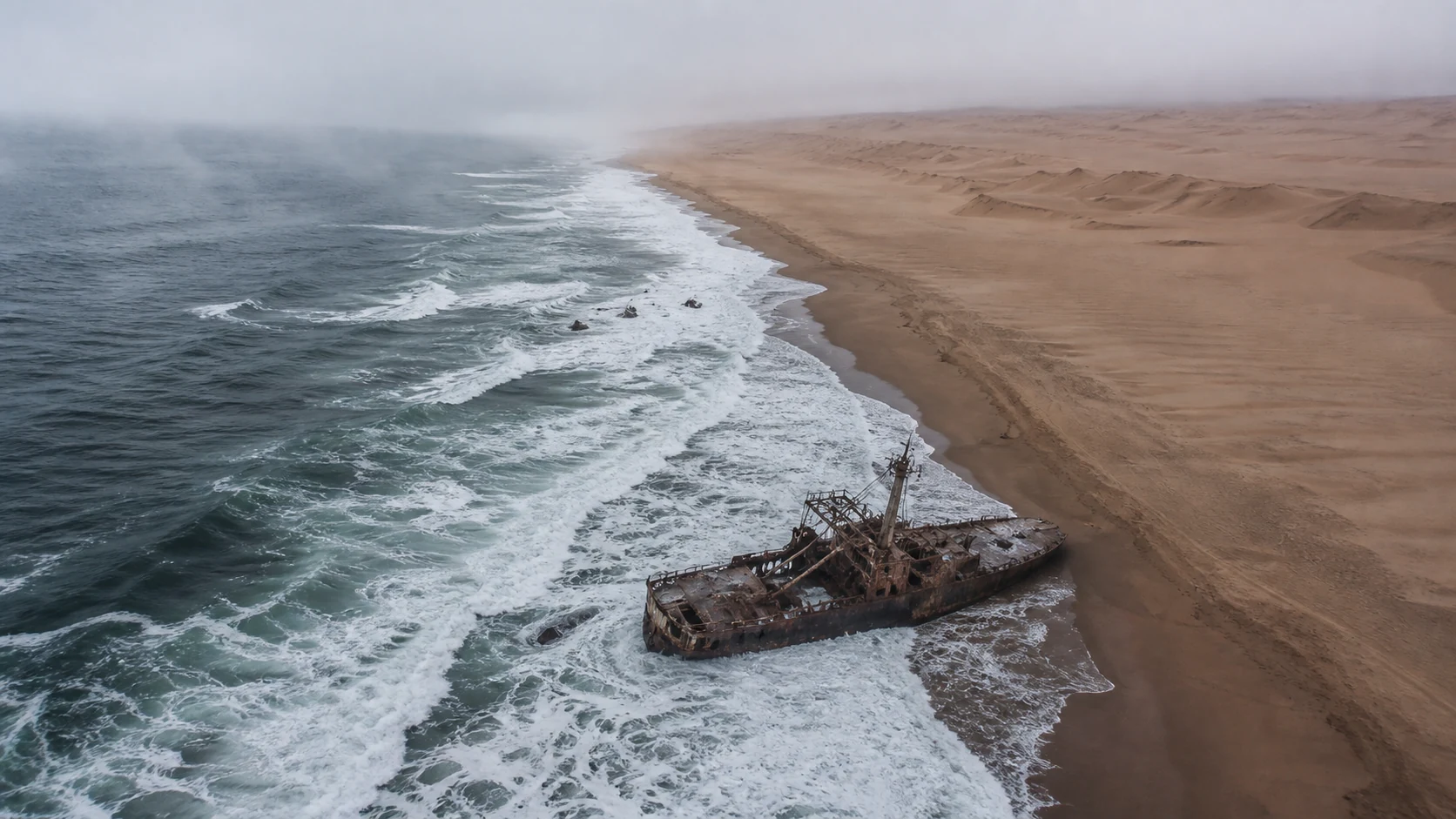 A rusted shipwreck lies in foaming Atlantic surf where the ocean meets the dunes of Namibia's Skeleton Coast.